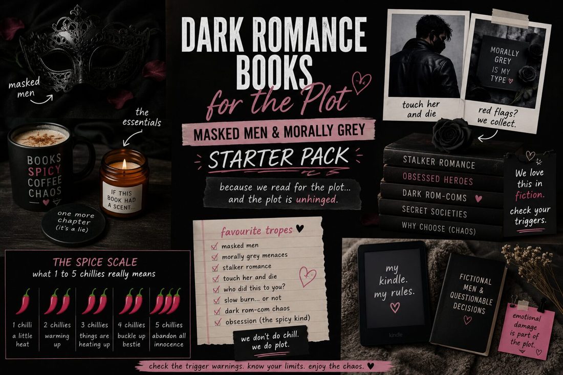 A BookTok-style graphic titled Dark Romance Books for the Plot: a masked men and morally grey starter pack, with a favourite-tropes checklist and a spice scale